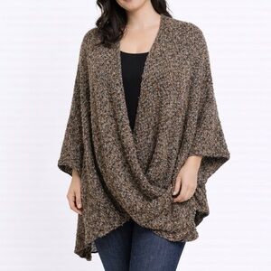 Handwoven Boucle Knit Poncho Brown Speckled Cozy Boho Wrap